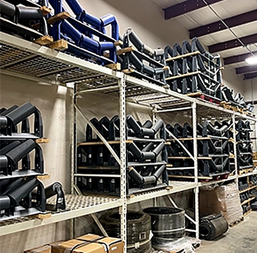 A rack in a warehouse with idlers